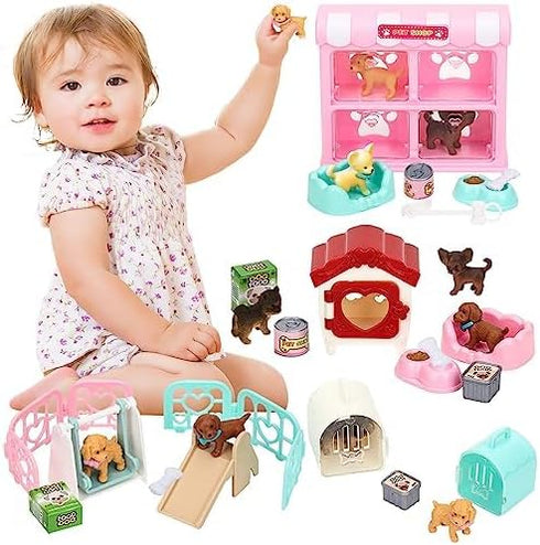 32Pcs Dog Toys Playset for Kids Pretend Play Interactive Puppy Role Play Set Realistic Dogs Care Center Birthday Gifts