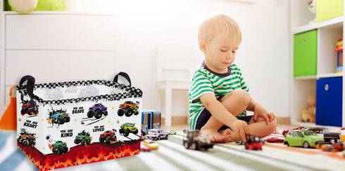 Essme Rectangular Kids Baskets,Monster Truck Storage Box,Cute Basket for Kids with Handles for Room Decor, Book