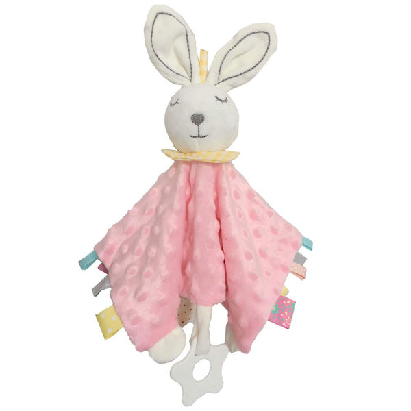 Pink Bunny Security Blanket for Baby Girls, Lovey Tag Blanket with Silicone Teether Toy for Newborn