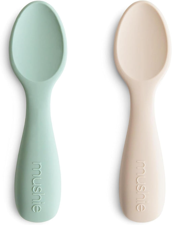 mushie Silicone Toddler Starter Spoons, 2 Pack, Cambridge Blue/Shifting Sand