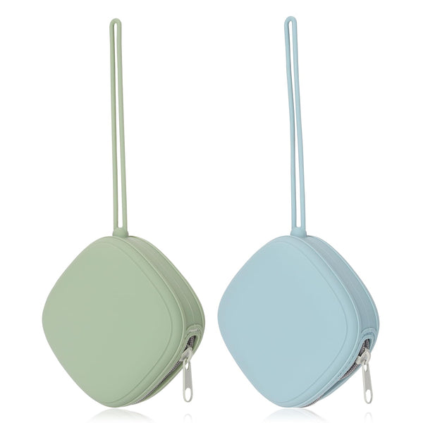 Silicone Pacifier Holder Case, 2 Pack Baby Binky Silicone Cover Pouch for Diaper Bag (Sage, Ether)