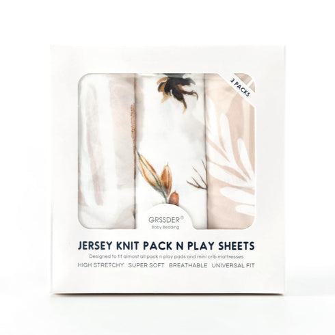 3 Pack Stretchy Ultra Soft Jersey Knit Fitted Pack and Play Sheets, Stylish Flora for Baby, Beige