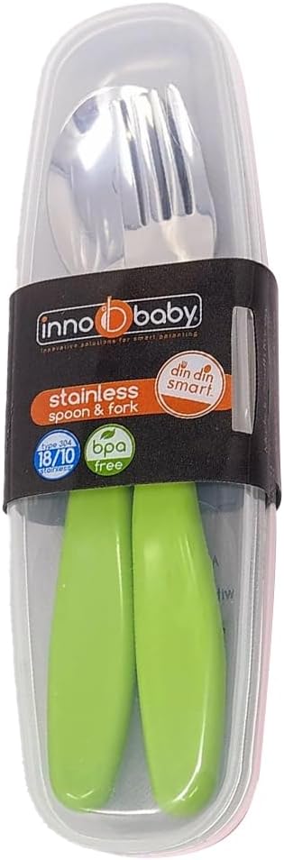 Innobaby Din Din Smart EZ Grip Spoon and Fork Set, Kids Utensils with Carrying Case, BPA Free, Green