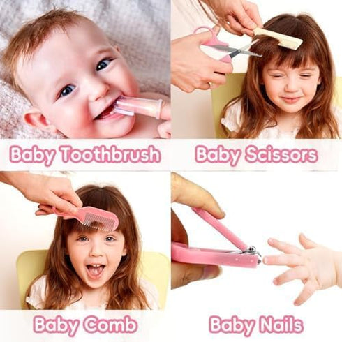 Buachois Set Baby Grooming Kit, Infant Safety Care with Hair Brush Nail Clipper Nose Cleaner Finger Toothbrush Scissor