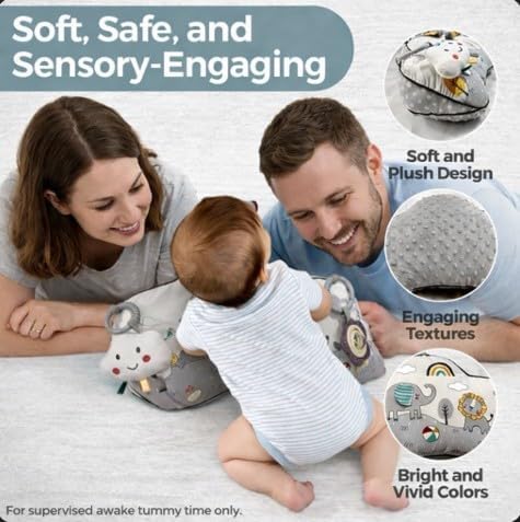 Tummy 0-6 Time Activity Toy | Baby Sensory Pillow for Infants Months | Pillow with Detachable Rattle | Crinkle