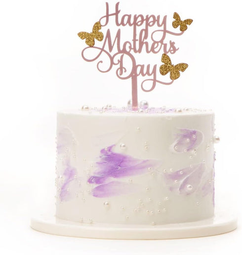 6 pcs Acrylic Cake Topper, Happy Mother's Day Decorative Party Cake Decoration with Rose Gold Butterfly