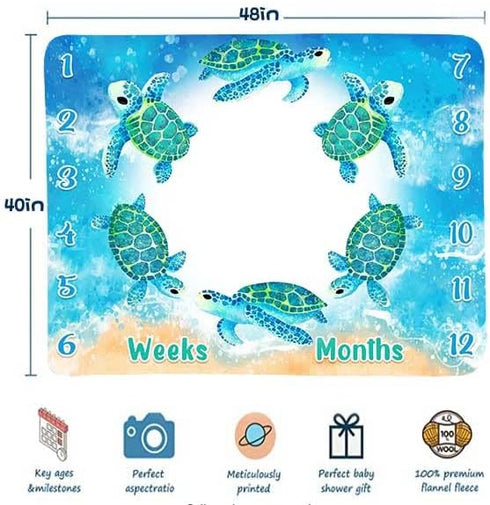 Turtle Milestone Blanket Blue Sea Life Baby Blanket 48x40in with Swaddling Bag, Beach Newborn Gift BTLSFH127