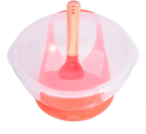 Slip Resistant Suction Bowls for Baby, Children Feeding Bowls with Sensing Spoon Cover for Home (Pink)
