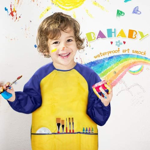 Kids Art Smocks 4 Pack - Waterproof Painting Apron with Long Sleeve and 3 Pockets for Age 3-8 Years
