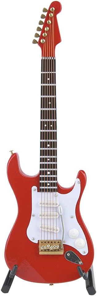 Wooden Miniature Guitar - Mini Electric Guitar with Stand, Decorative Dollhouse Accessories (Red)