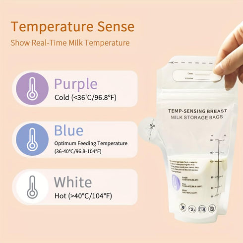 Momlacto 30 Count (6oz/180ml) Temp-Sensing Breastmilk Storage Bags, Leak-Proof Double Zipper Seal, BPA-Free