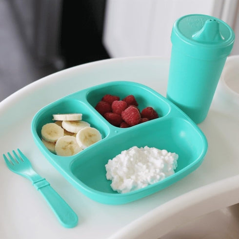 Re-Play Toddler Dinnerware Set - No-Spill Sippy Cup, 7" Divided Plate, Fork and Spoon, Dishwasher Safe, Aqua