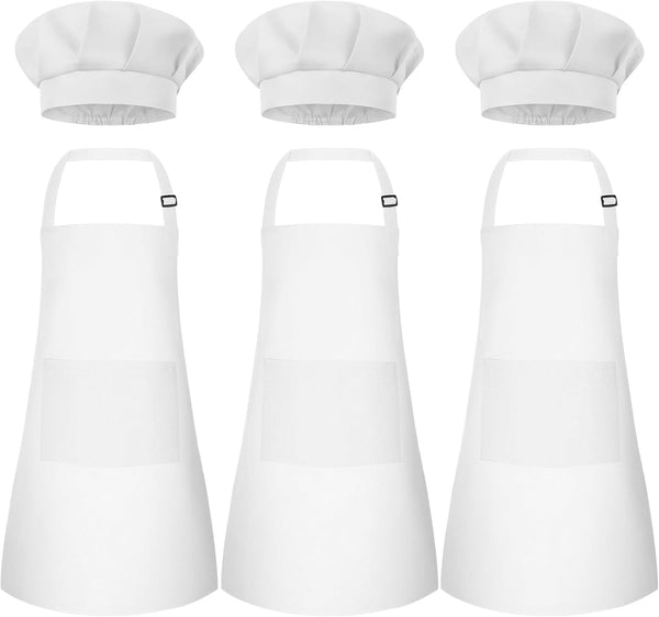 Kids Apron and Chef Hat Set - Adjustable Children Apron with 2 Pockets for Cooking and Baking