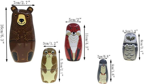 Kakeah Set 5 Nesting Dolls-Brown Cartoon Owl Bear Fox Raccoon Russian Nesting Dolls Wooden Matryoshka Doll Handmade