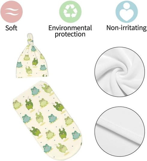 Cartoon Frog Newborn Swaddling Blanket and Beanie Hat Set, Soft Baby Receiving Blanket, Funny Animal Sleeping Bag