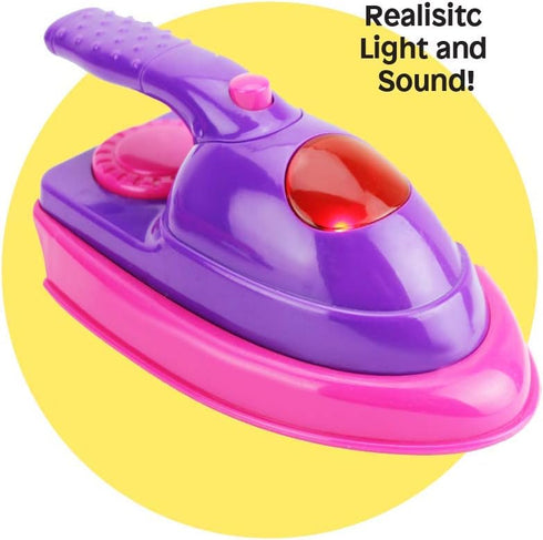 Boley Pretend Play Laundry Playset - 8-Piece Pink and Purple Toy Ironing Board Set with Realistic Lights & Sounds