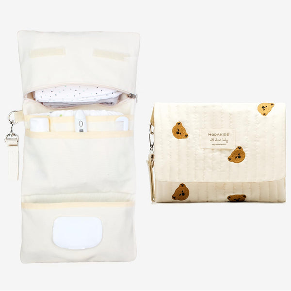 Portable Baby Bag Organizer - Quilted Mini Diaper Bag with Stroller Straps, Travel Set for Boys and Girls, Cream