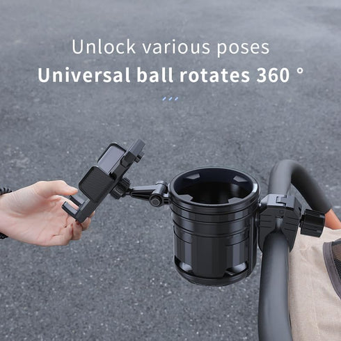 HoneTeek 3-in-1 360 Stroller Cup Phone Holder, Multifunctional Stroller Cup Holder Attachment with Adjustable Phone