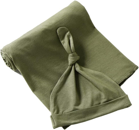 iEvolve Cotton Knitted Baby Swaddle Blanket with Hat Headband Set, Newborn Swaddle Wrap 45" x 45" (Oliver Green)