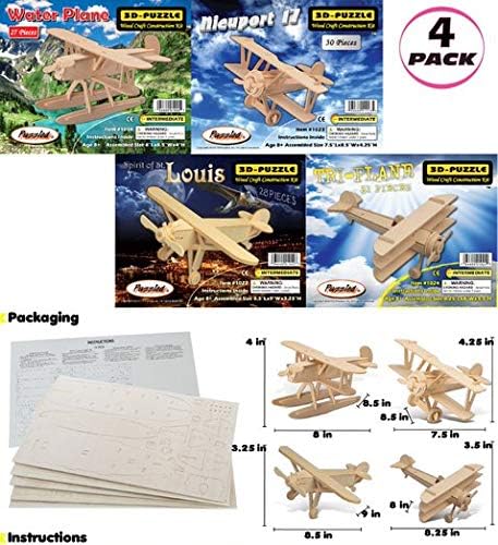 17 3D Set, 4 Pack Puzzled Wooden Airplane Model Kits - Water Plane, Spirit of St. Louis, Nieuport & Tri-Plane Wooden