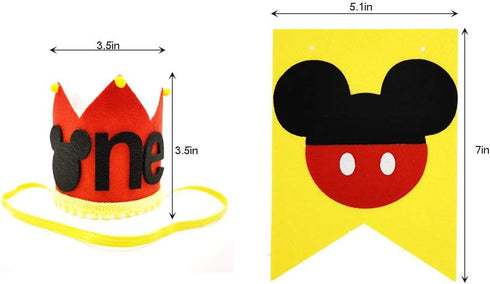Mickey Theme 1st Birthday High Chair Banner & Party Crown/Hat, Felt Fabric Sign