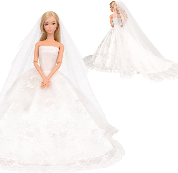 BARWA Wedding Dress with Veil White Princess Evening Party Clothes Wears Dress