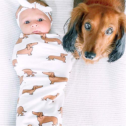 Culclendy Doxie Swaddle Sack for Newborn, Dachshund Cocoon, Weiner Dog Swaddle with Headband,