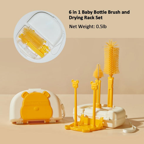 EMTSEB Baby Bottle Brush Set, 6 in 1 Cleaning Brush with Silicone Brush, Nipple Brush, Soap Dispenser, Yellow