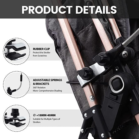 STARRY CITY 50+ Baby Pram Umbrella with Adjustable Universal Clamp,Children Buggy Sun-Proof Parasol with Clip On UPF