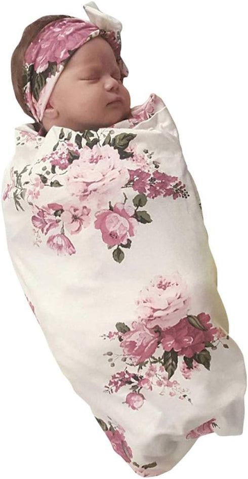 Newborn Girls Receiving Blanket and Headband Set, Flower Baby Swaddle Blankets, Infant Warm