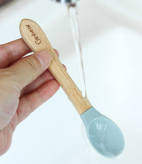 Ginbear Silicone Baby Spoon and Fork Set for Self-Feeding, Toddler Flatware 6 Months+ (Hazy Green/Almond)