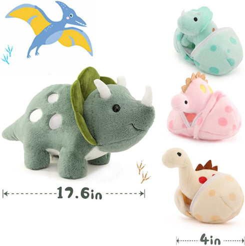 17.6in Plush Dinosaur Stuffed Animals, Mommy Dinosaur with 3 Baby Dinosaurs, Triceratops, T-Rex, Diplodocus