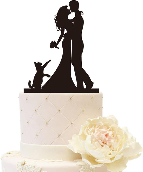Wedding Anniversary Cake Topper Couple Bride Groom Family with a Cat (Bride Groom One Cat, Black)