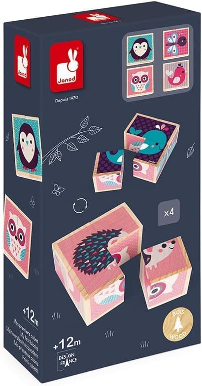 Janod Baby Forest My First 4 Blocks Baby Animals Wooden Puzzle Set - Ages 12 Months+ - J08001