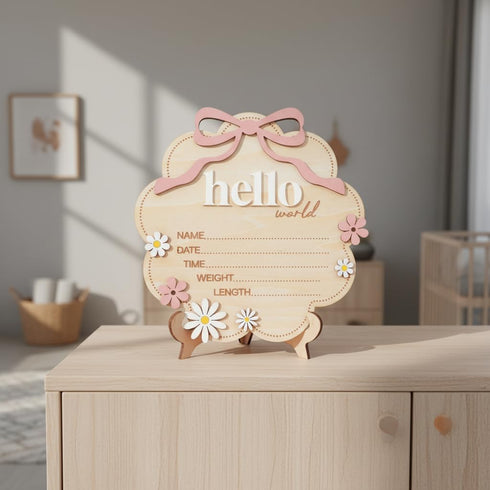TTMerriwood Hello World Wooden Baby Birth Announcement Sign with Pink Bow, Cloud Shape Floral Newborn Name Date Time