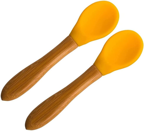 Baby Bamboo Feeding Spoon - 5.5" with Silicone Tip, BPA Free Toddler Food Spoons, Yellow 2 PACK