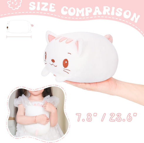 AIXINI 8 inch Cute White Cat Plush Stuffed Animal - Cylindrical Body Pillow, Super Soft Cartoon Hugging Toy