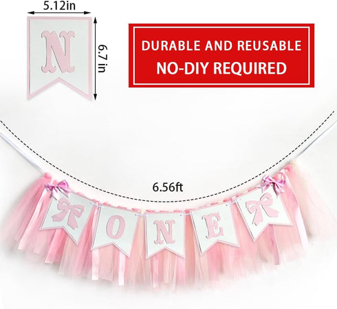 Derzhssg 1st Pink Bowknot One Birthday Highchair Banner - Girl Birthday High Chair Banner, Party Decoration Photo