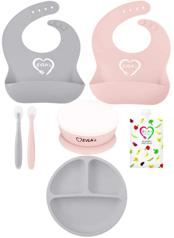 EVLA'S Baby Feeding Set, Baby Led Weaning Supplies, Adjustable Silicone Bibs, Divided