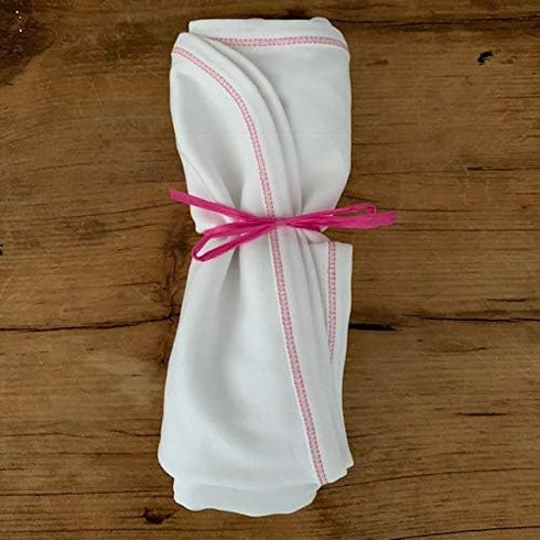 Swaddle Blankets for Babies - Organic Cotton in White with Pink Stitching