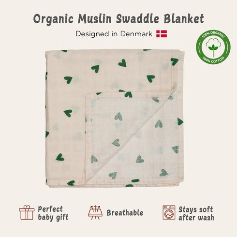 47 47 Baby Swaddle Organic Cotton Muslin Baby Swaddles for Newborns x (Green Hearts)