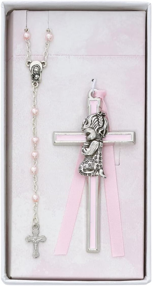 Generic Pink Crib Cross & Pink Rosary Set