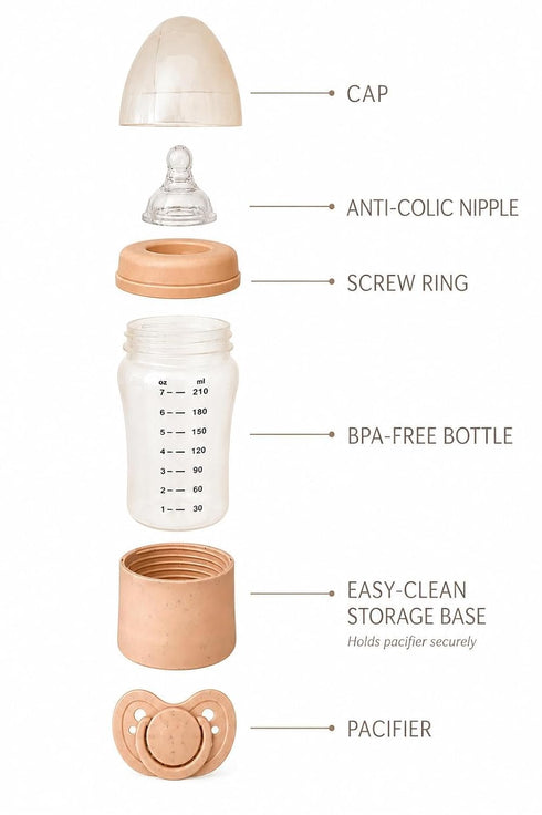 Mother Sucker Baby 8oz 240ml, Baby Bottle with Built in Pacifier Storage, BPA Free, Anti Colic, Includes Pacifier