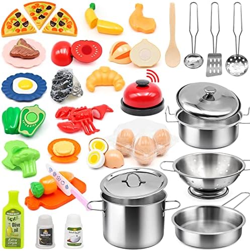 Hohosunlar Kids Pretend Play Kitchen Accessories Set, 38Pcs Stainless Steel Play Pots Pans