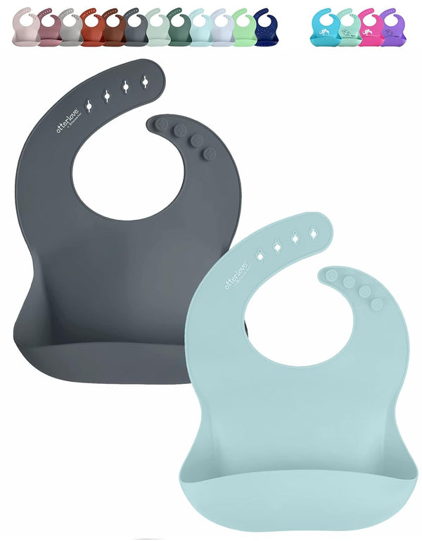 otterlove Silicone Baby Bibs, Pack of 2 with No Fillers and Wide Food Catching Pocket in Mint and Smoke