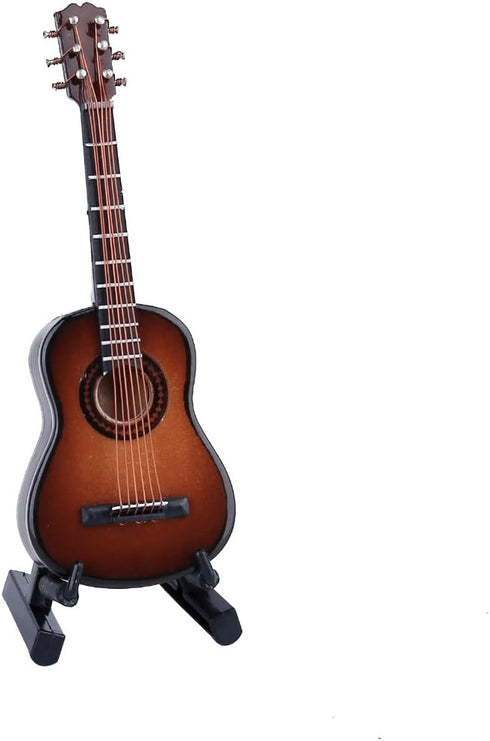Dselvgvu Wooden Miniature Guitar with Stand, Brown Model for Dollhouse Decoration, 3.93"x1.42"x0.56"