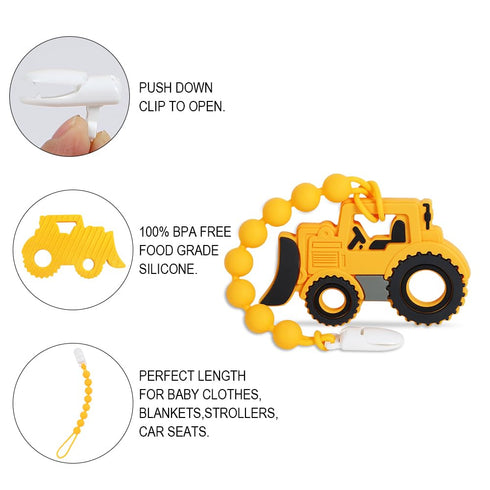 3 (Bulldozer) Baby Construction Vehicles Teething Toys,Food Grade Silicone Teether with One-Piece Pacifier Clip