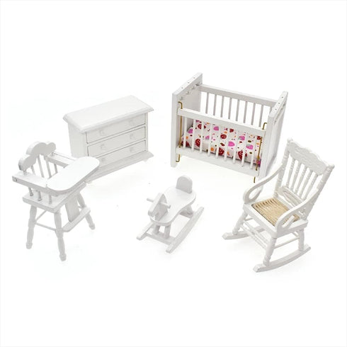 White Wooden Nursery Bedroom Dollhouse Furniture Set (5pcs) 1:12 Scale, Non-Toxic Paint
