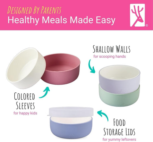 Elk and Friends Kids Porcelain Bowls with Silicone Sleeve + Silicone Lid | Kids/Toddler/Baby Feeding | Microwave