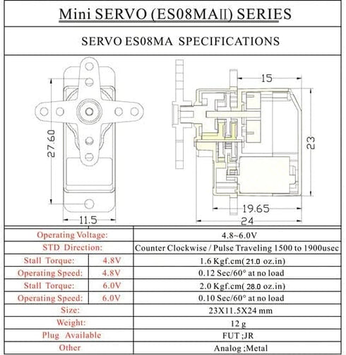EMAX EMX-SV-0275 ES08MA II 12g Mini Metal Gear Analog Servo for RC Robotics (1pc)